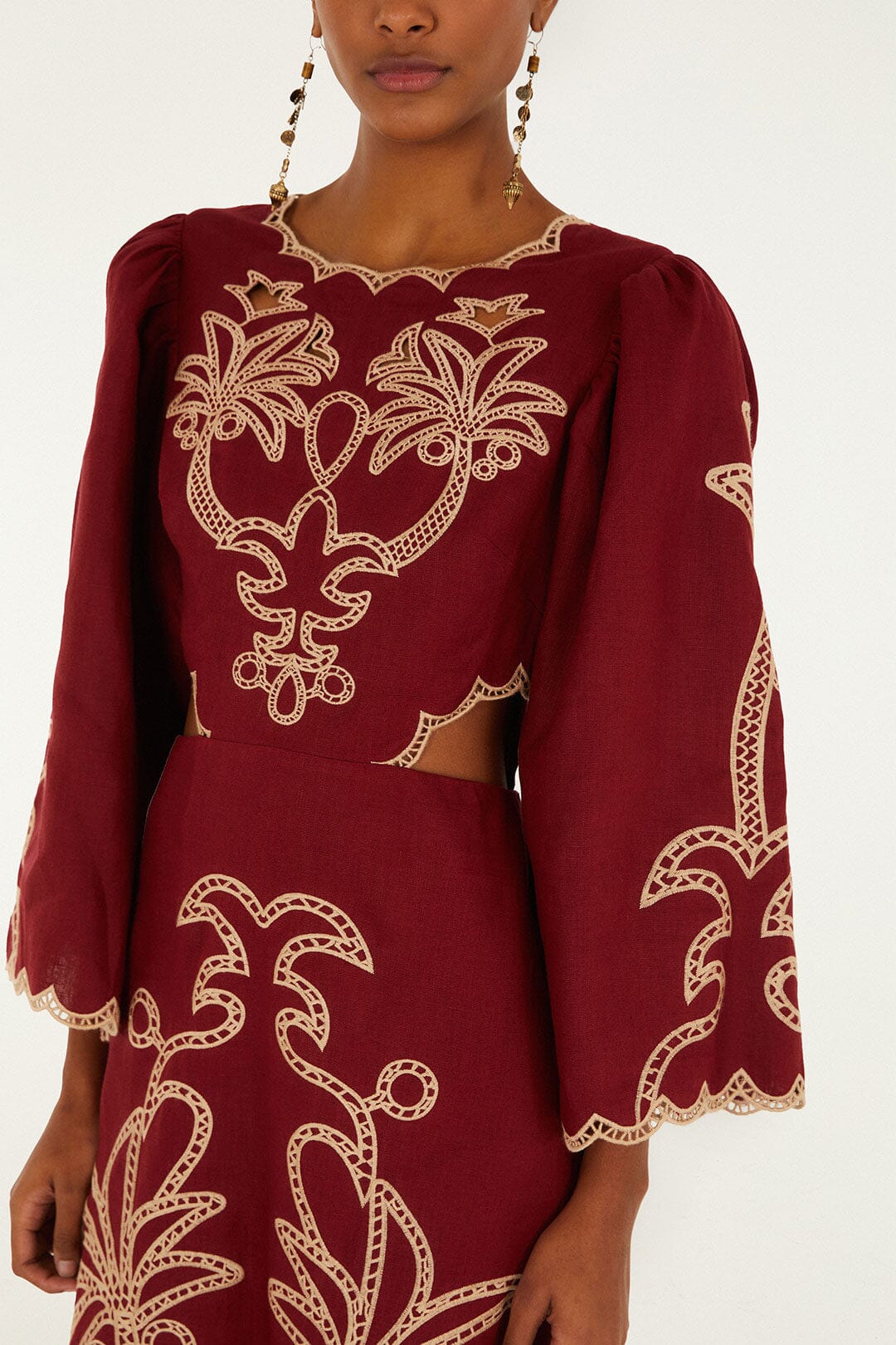 FARM Rio Red Artisanal Cut-Out Embroidered Euroflax� Premium Linen Maxi Dress | FARM Rio
