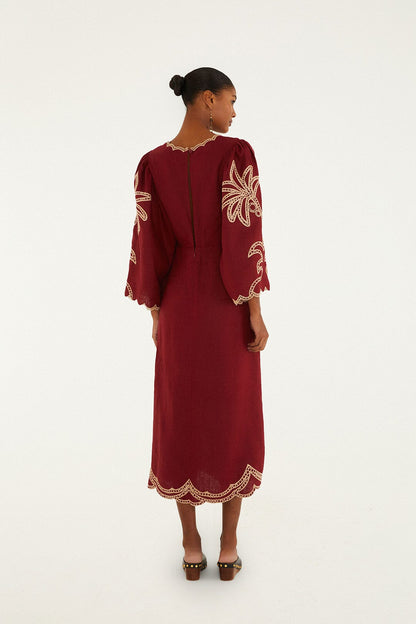 FARM Rio Red Artisanal Cut-Out Embroidered Euroflax� Premium Linen Maxi Dress | FARM Rio