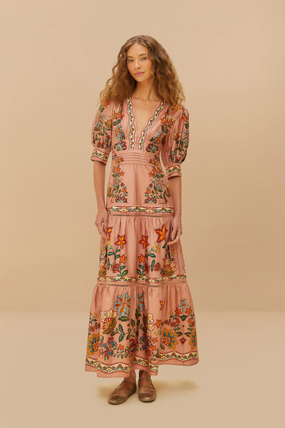 FARM Rio Pink Garden Delight Short Sleeve Maxi Dress