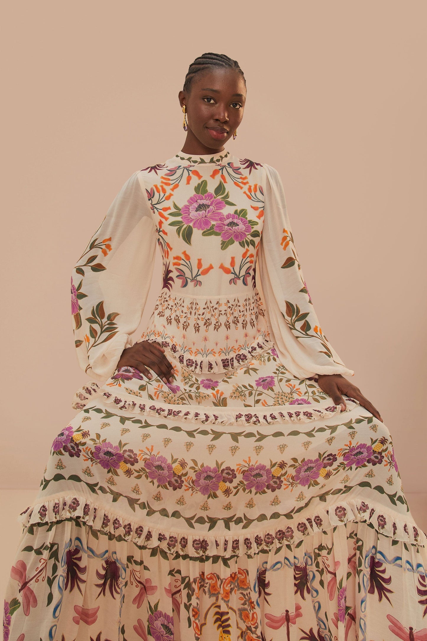 FARM Rio Cream Winter Garden Ruffle Maxi Dress