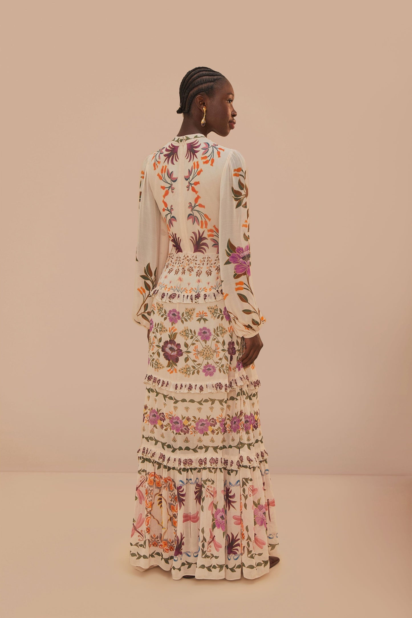 FARM Rio Cream Winter Garden Ruffle Maxi Dress