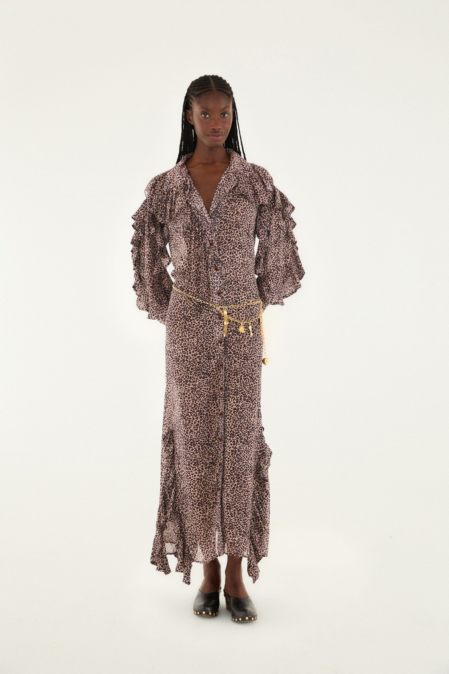 FARM Rio Pink Baby Leopard Long Sleeve Angled Frill Maxi Dress | FARM Rio
