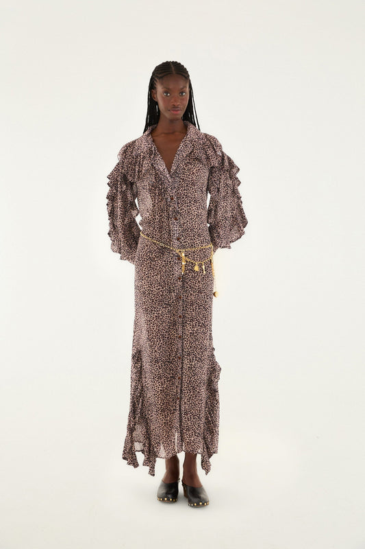 FARM Rio Pink Baby Leopard Long Sleeve Angled Frill Maxi Dress | FARM Rio