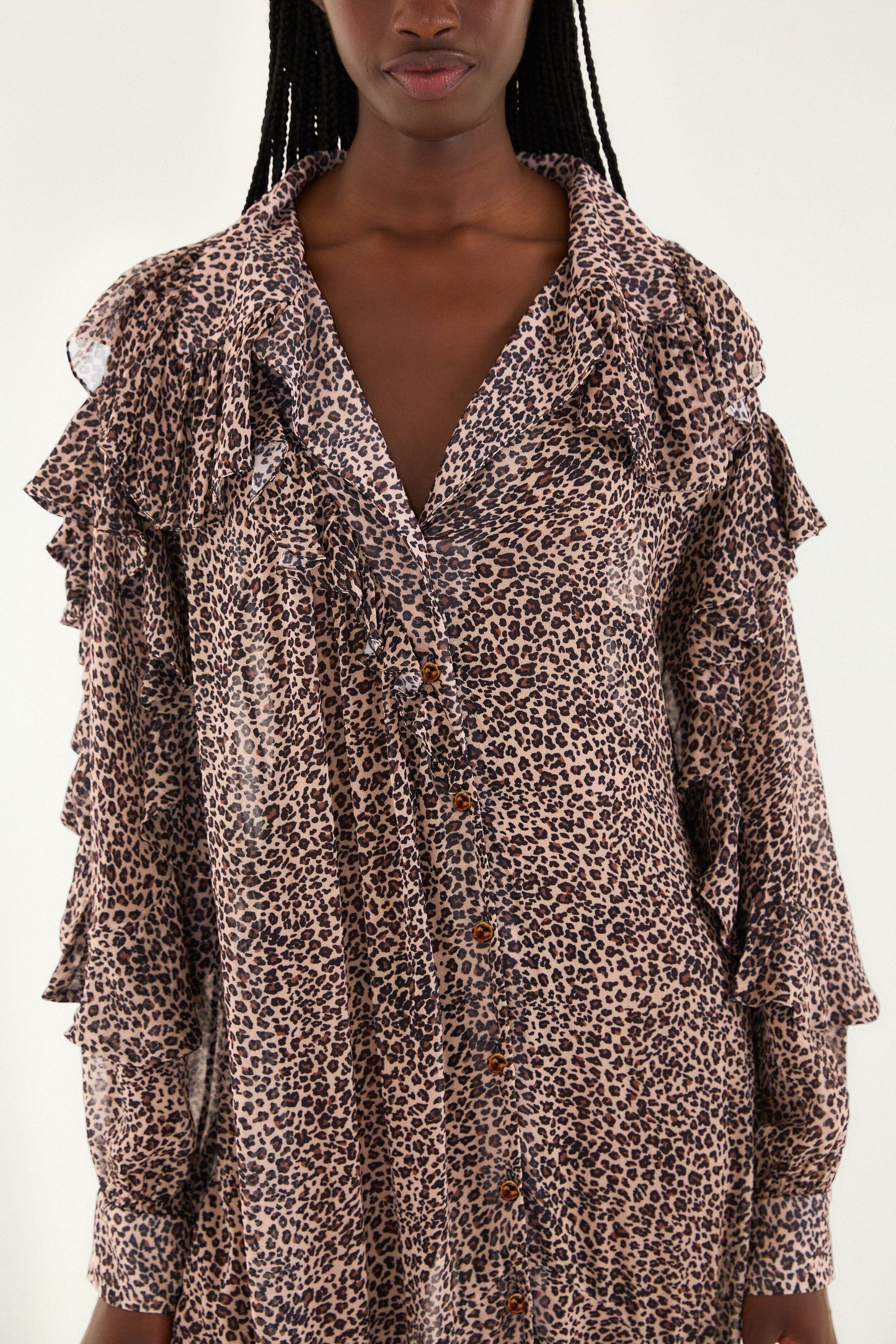 FARM Rio Pink Baby Leopard Long Sleeve Angled Frill Maxi Dress | FARM Rio
