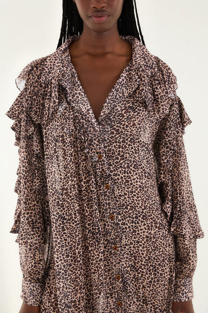 FARM Rio Pink Baby Leopard Long Sleeve Angled Frill Maxi Dress | FARM Rio
