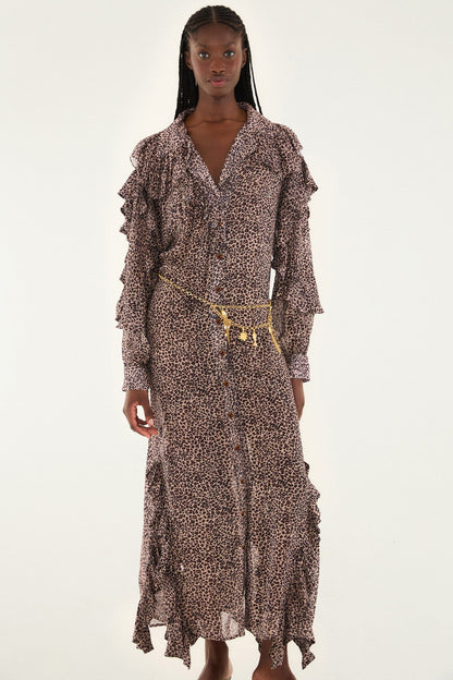 FARM Rio Pink Baby Leopard Long Sleeve Angled Frill Maxi Dress | FARM Rio