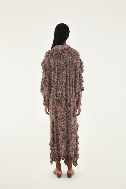 FARM Rio Pink Baby Leopard Long Sleeve Angled Frill Maxi Dress | FARM Rio