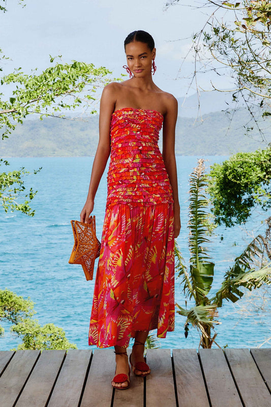 FARM Rio Orange Flying Birds Strapless Midi Dress