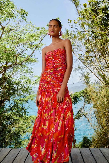 FARM Rio Orange Flying Birds Strapless Midi Dress