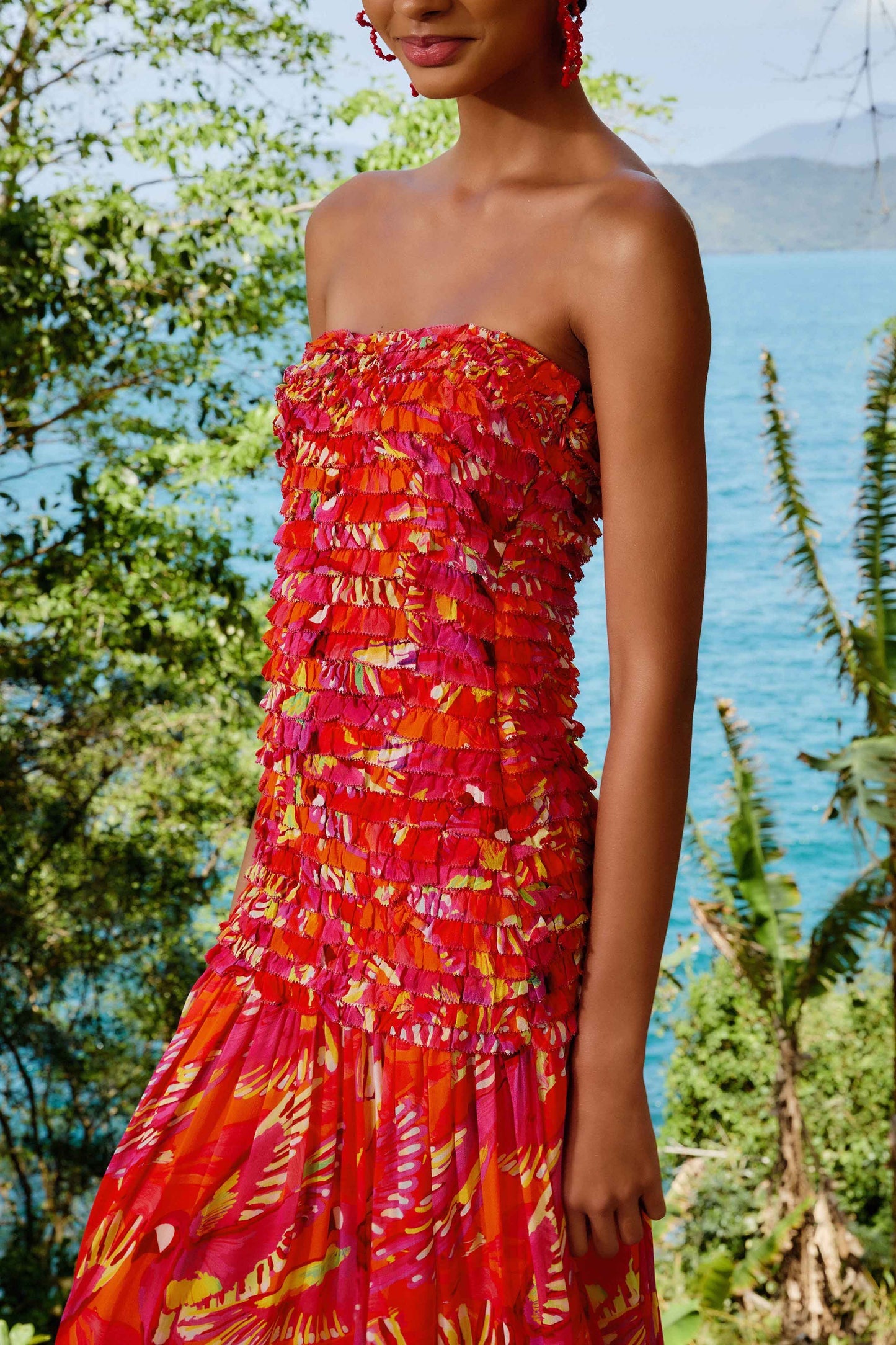 FARM Rio Orange Flying Birds Strapless Midi Dress