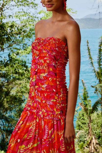 FARM Rio Orange Flying Birds Strapless Midi Dress