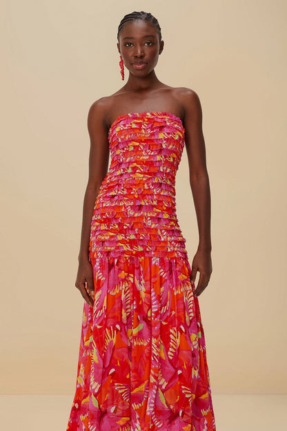 FARM Rio Orange Flying Birds Strapless Midi Dress