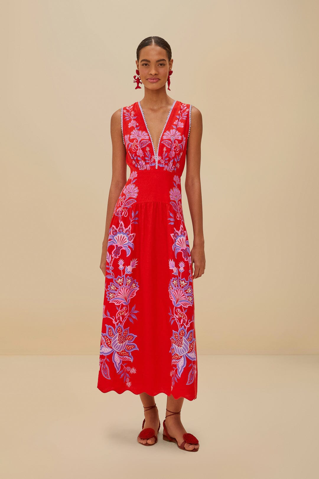 FARM Rio Red Porcelain Garden Euroflax™ Premium Linen Midi Dress