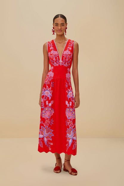 FARM Rio Red Porcelain Garden Euroflax™ Premium Linen Midi Dress
