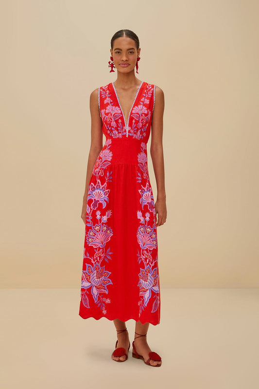 FARM Rio Red Porcelain Garden Euroflax™ Premium Linen Midi Dress