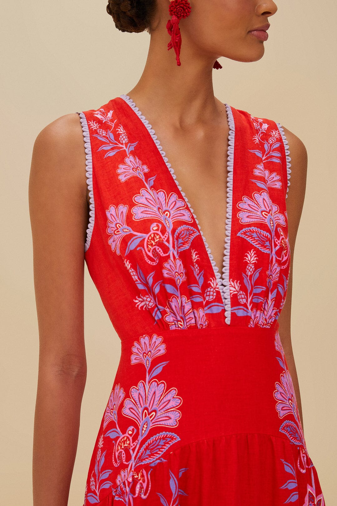 FARM Rio Red Porcelain Garden Euroflax™ Premium Linen Midi Dress