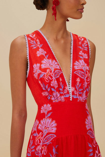 FARM Rio Red Porcelain Garden Euroflax™ Premium Linen Midi Dress