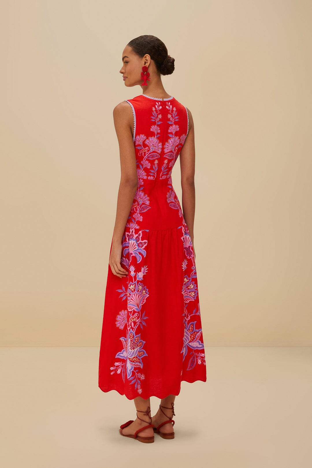 FARM Rio Red Porcelain Garden Euroflax™ Premium Linen Midi Dress