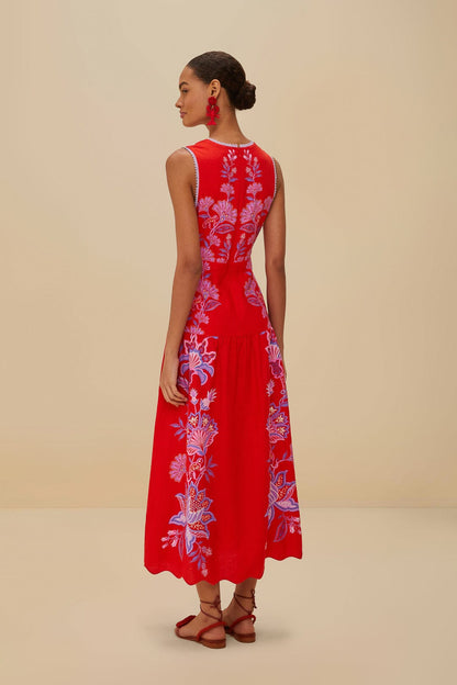 FARM Rio Red Porcelain Garden Euroflax™ Premium Linen Midi Dress