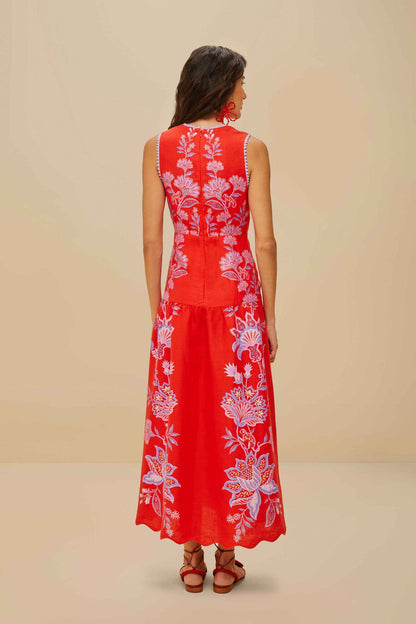 FARM Rio Red Porcelain Garden Euroflax™ Premium Linen Midi Dress