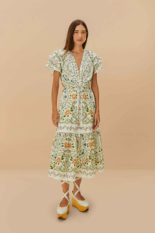 FARM Rio Off-White Folk Floral Lace Midi Dress