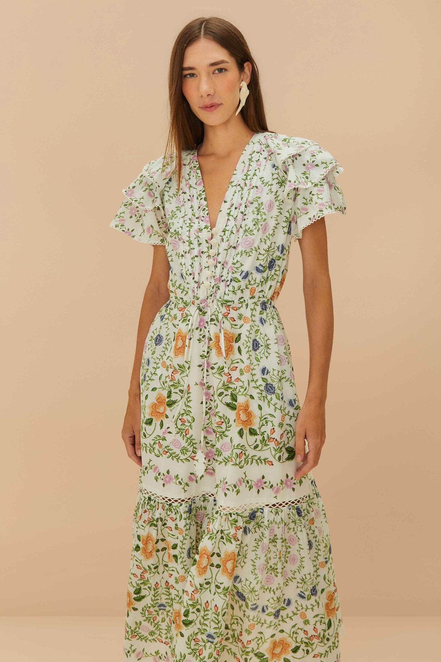FARM Rio Off-White Folk Floral Lace Midi Dress