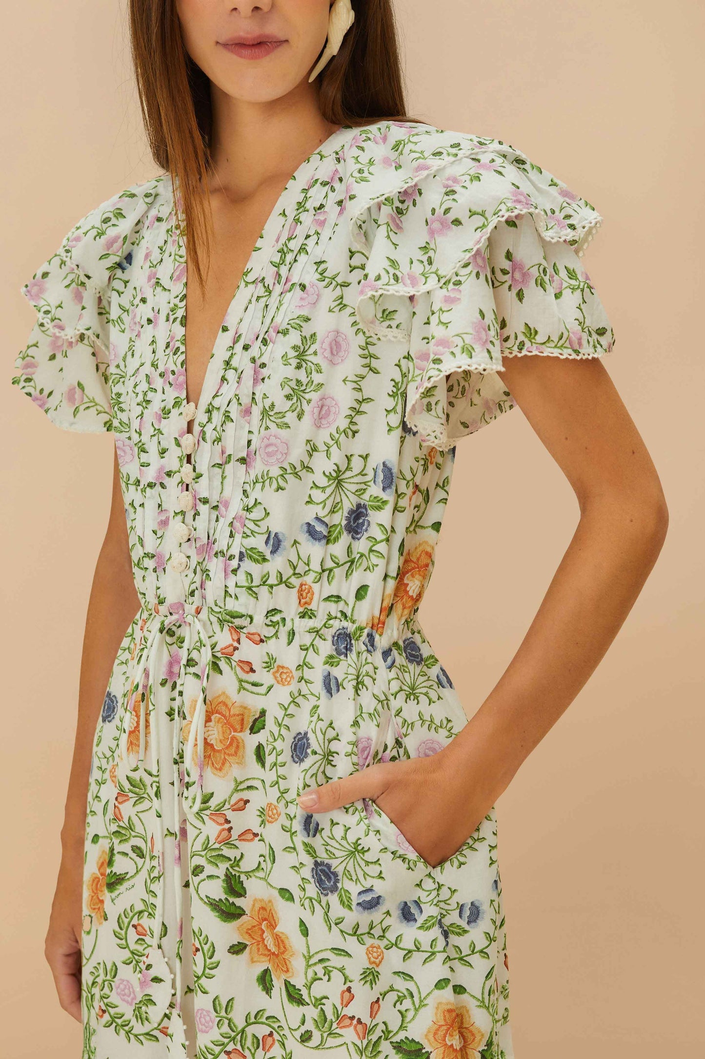 FARM Rio Off-White Folk Floral Lace Midi Dress