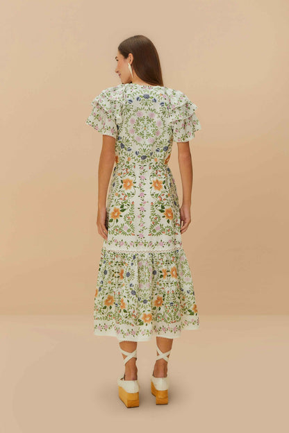FARM Rio Off-White Folk Floral Lace Midi Dress