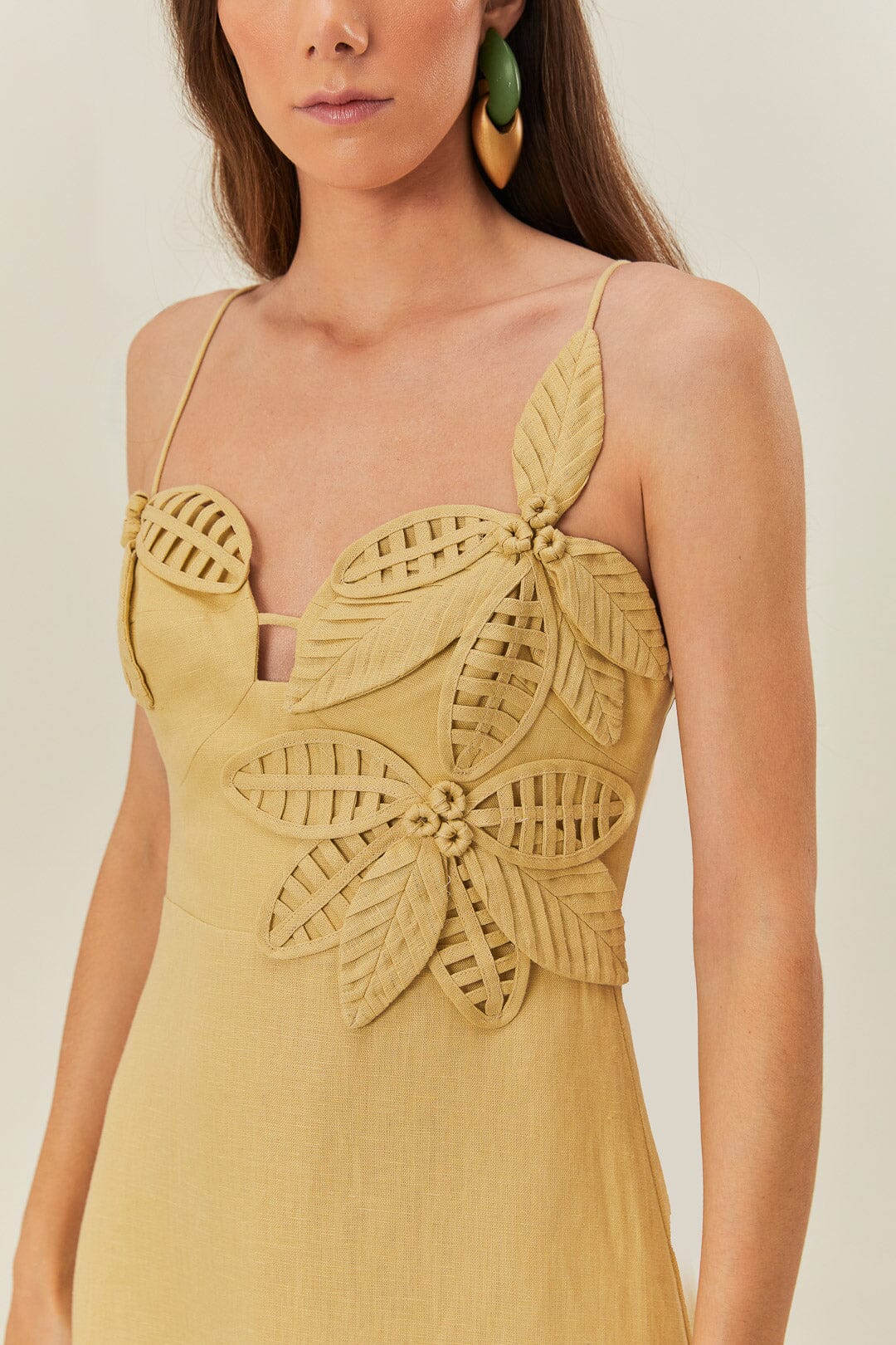 FARM Rio Sand 3D Flower Bodice Midi Dress
