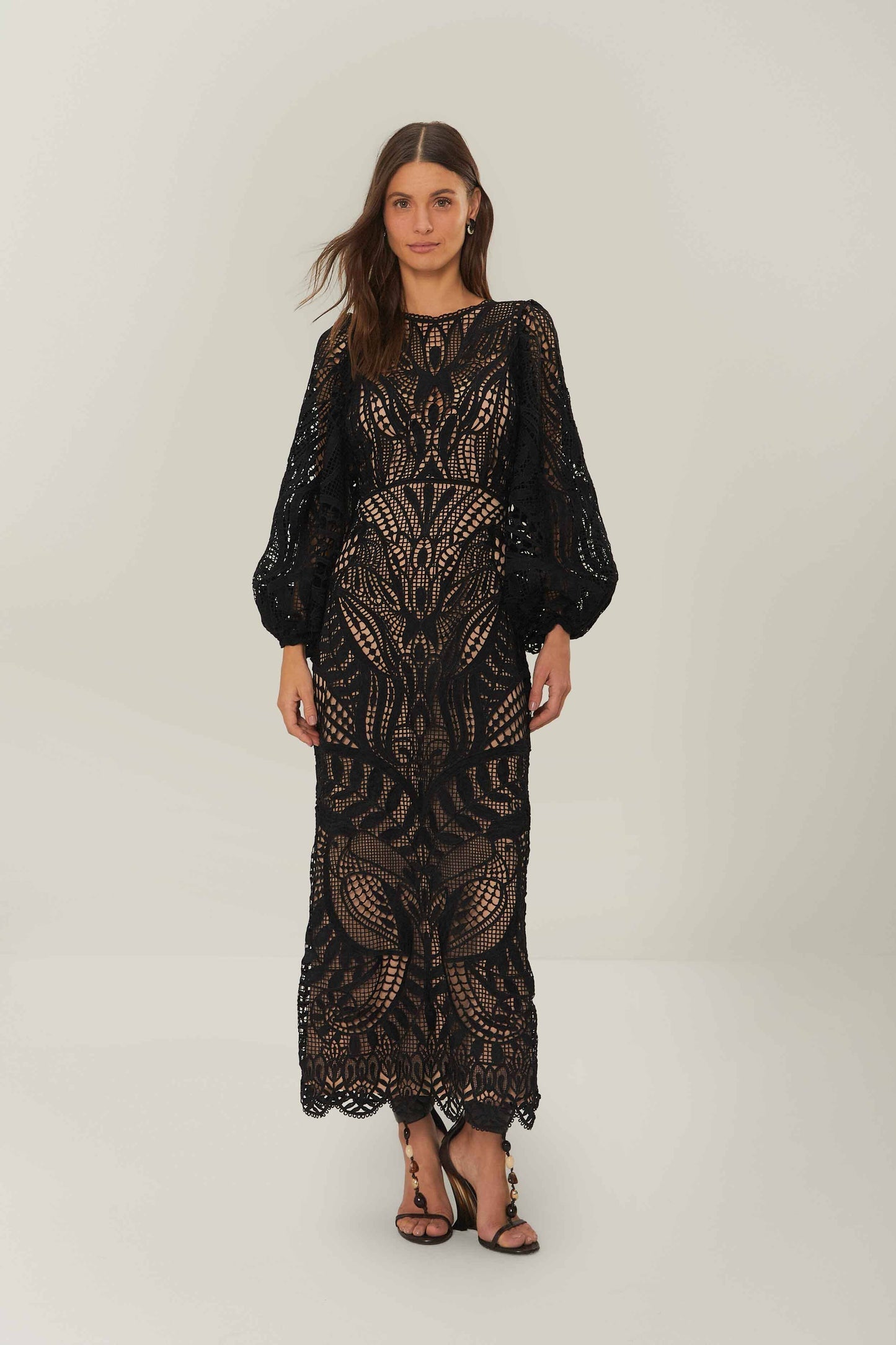 FARM Rio Black Nature Guipure Midi Dress