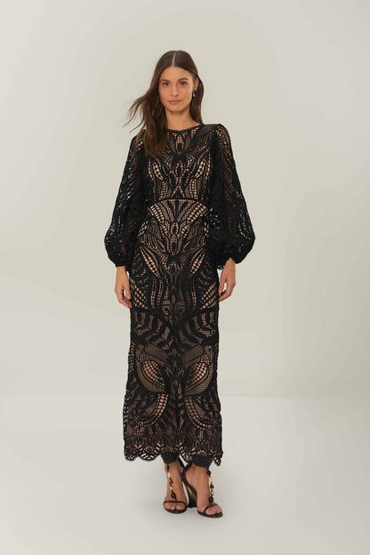 FARM Rio Black Nature Guipure Midi Dress