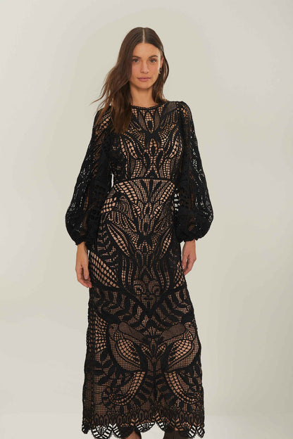 FARM Rio Black Nature Guipure Midi Dress