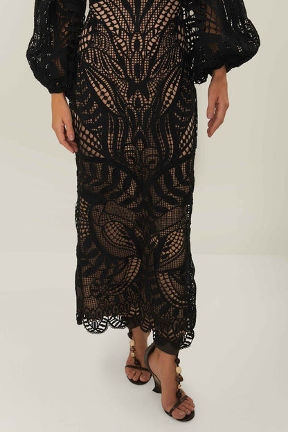 FARM Rio Black Nature Guipure Midi Dress