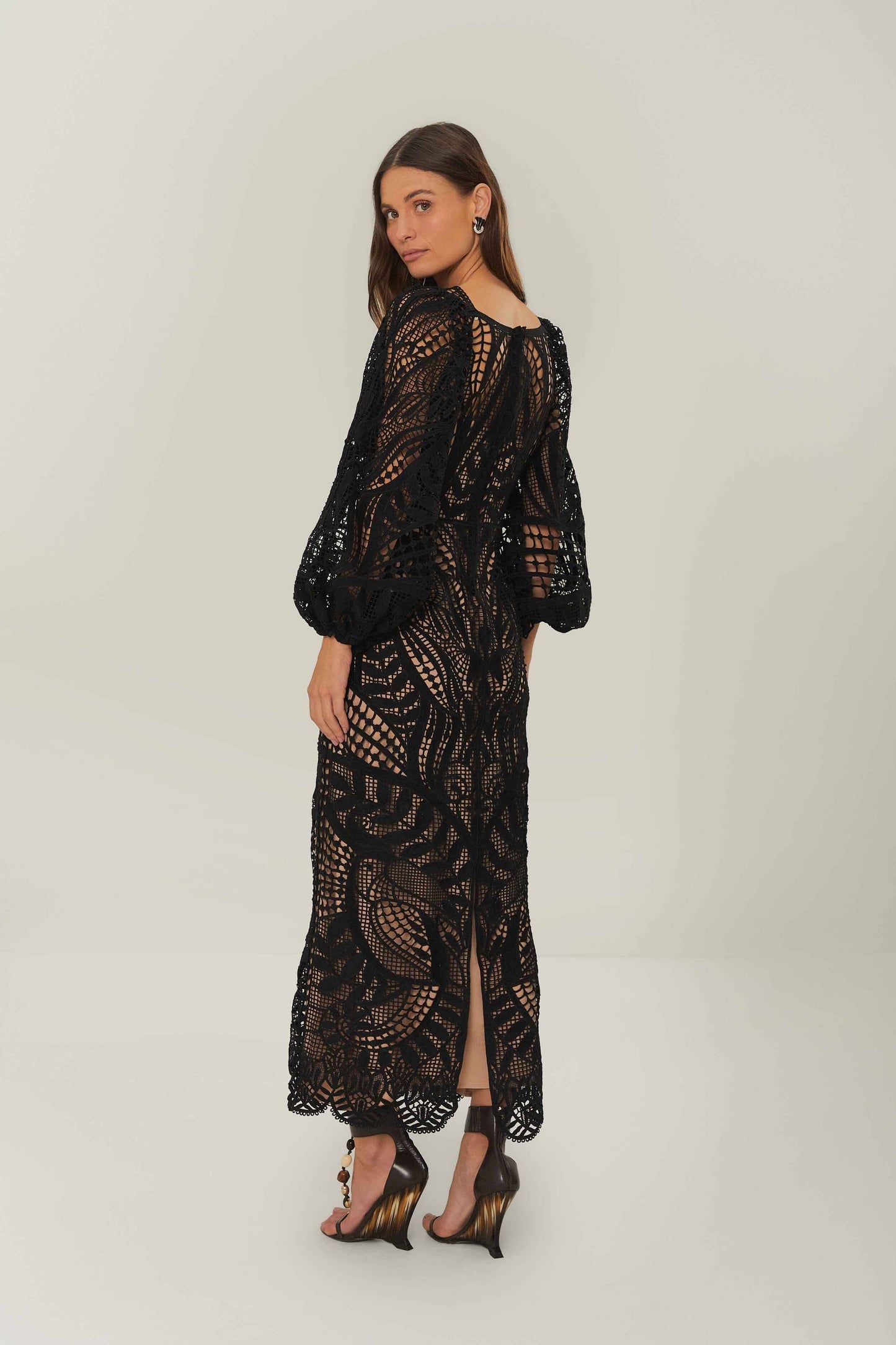 FARM Rio Black Nature Guipure Midi Dress