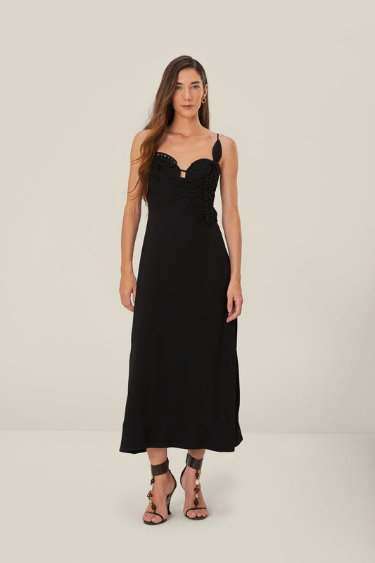 FARM Rio Black Flowered Bust Midi Dress