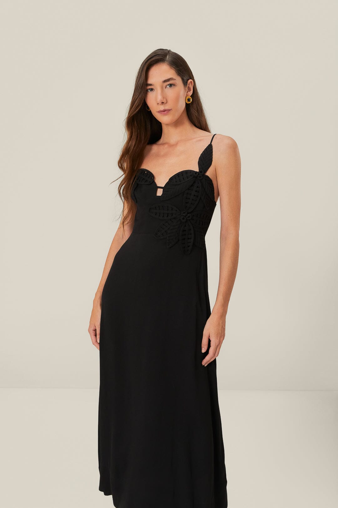 FARM Rio Black Flowered Bust Midi Dress