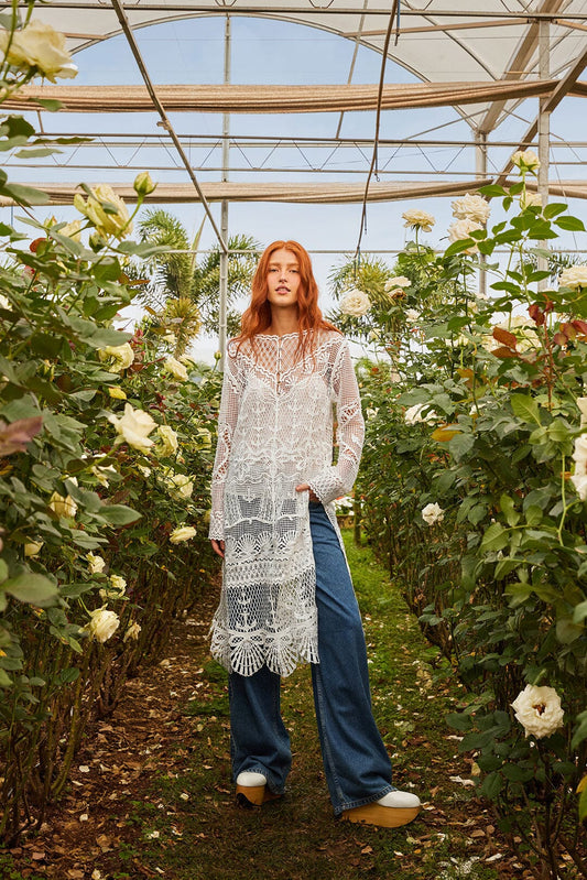 FARM Rio Off-White Nautical Guipure Long Sleeve Midi Dress