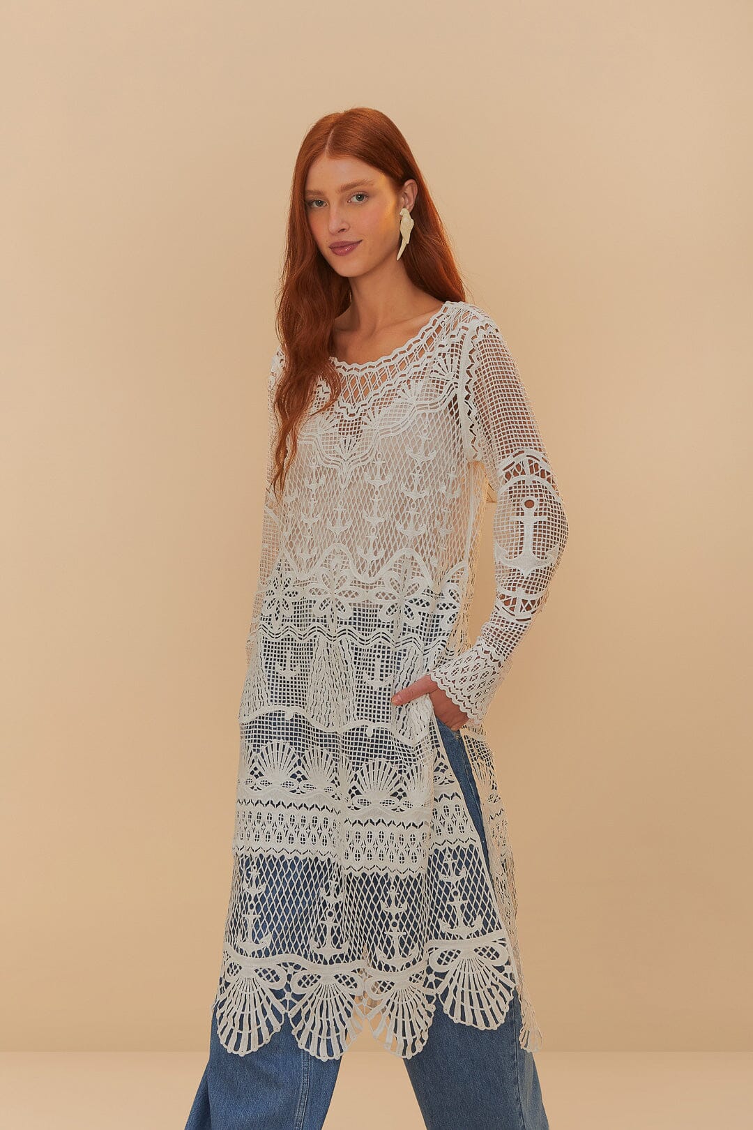 FARM Rio Off-White Nautical Guipure Long Sleeve Midi Dress