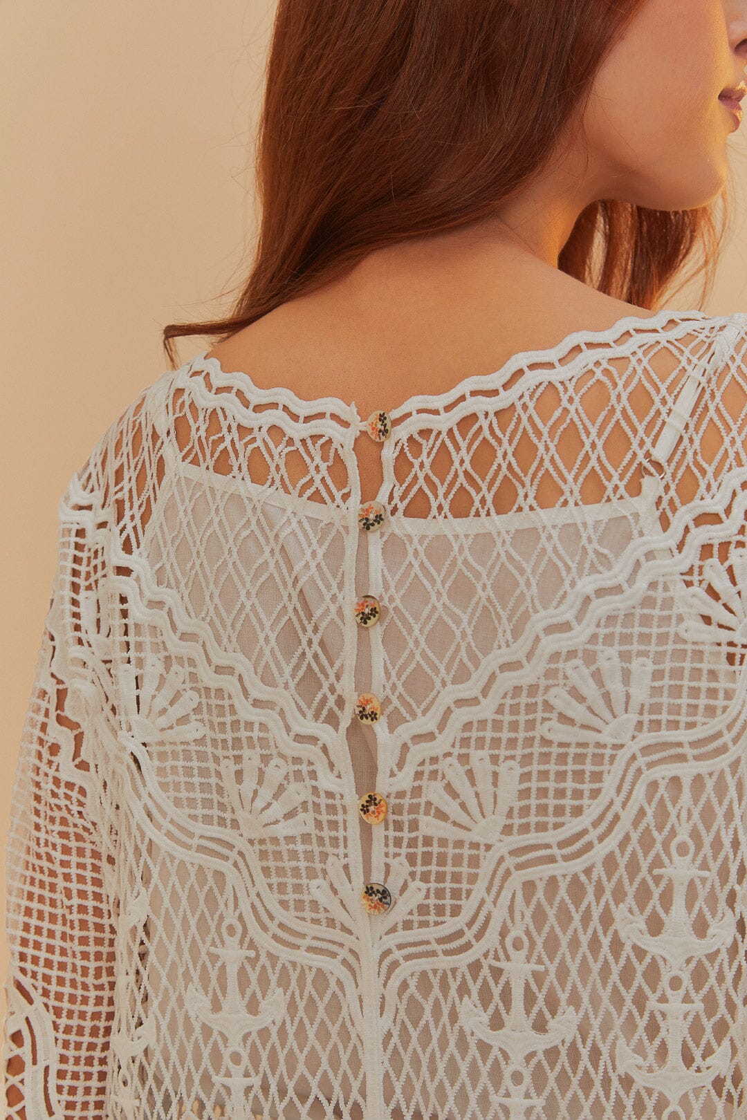 FARM Rio Off-White Nautical Guipure Long Sleeve Midi Dress