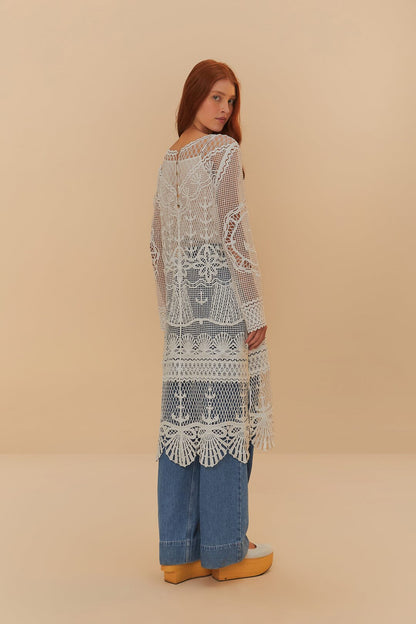 FARM Rio Off-White Nautical Guipure Long Sleeve Midi Dress