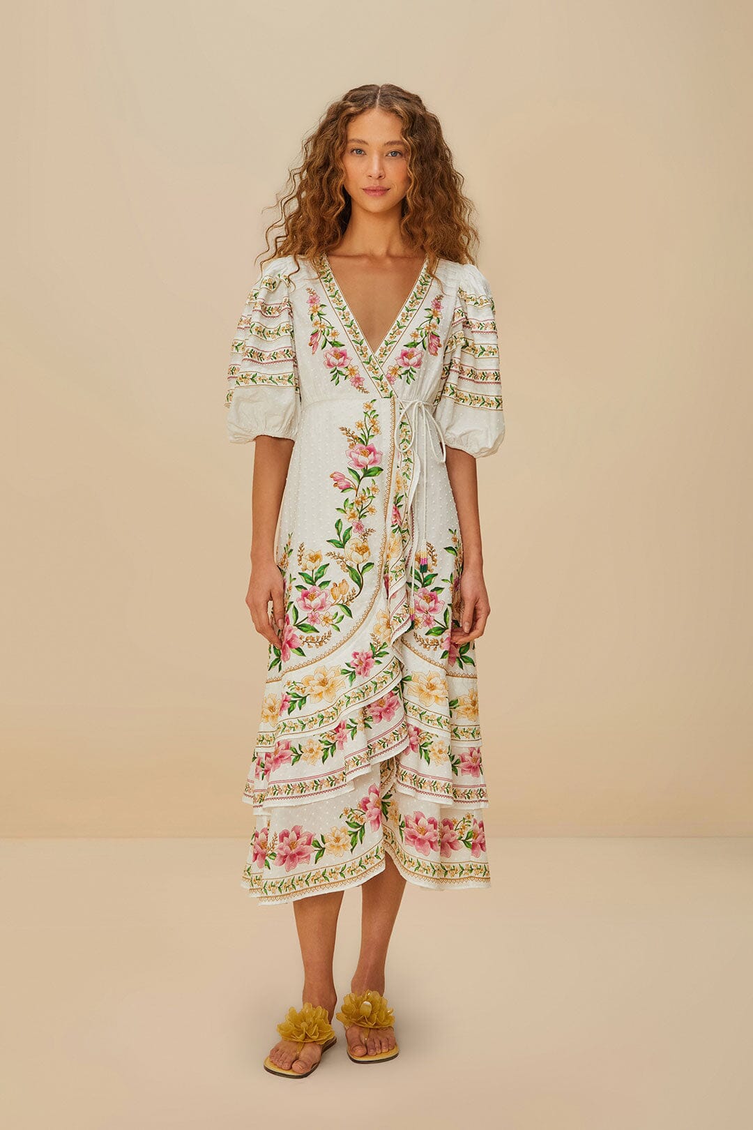 FARM Rio Off-White Palm Dream Wrap Midi Dress