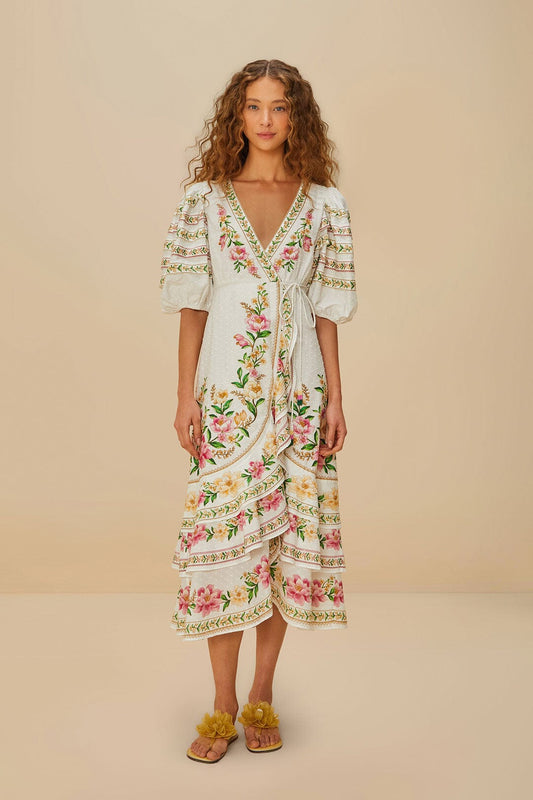 FARM Rio Off-White Palm Dream Wrap Midi Dress