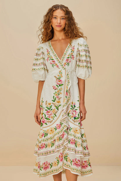 FARM Rio Off-White Palm Dream Wrap Midi Dress