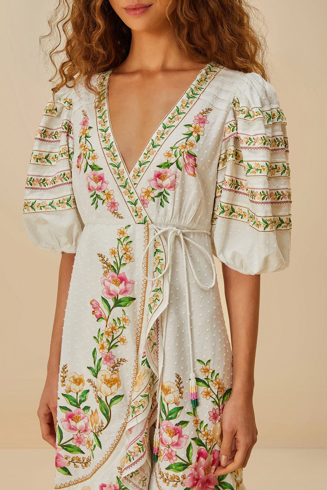 FARM Rio Off-White Palm Dream Wrap Midi Dress