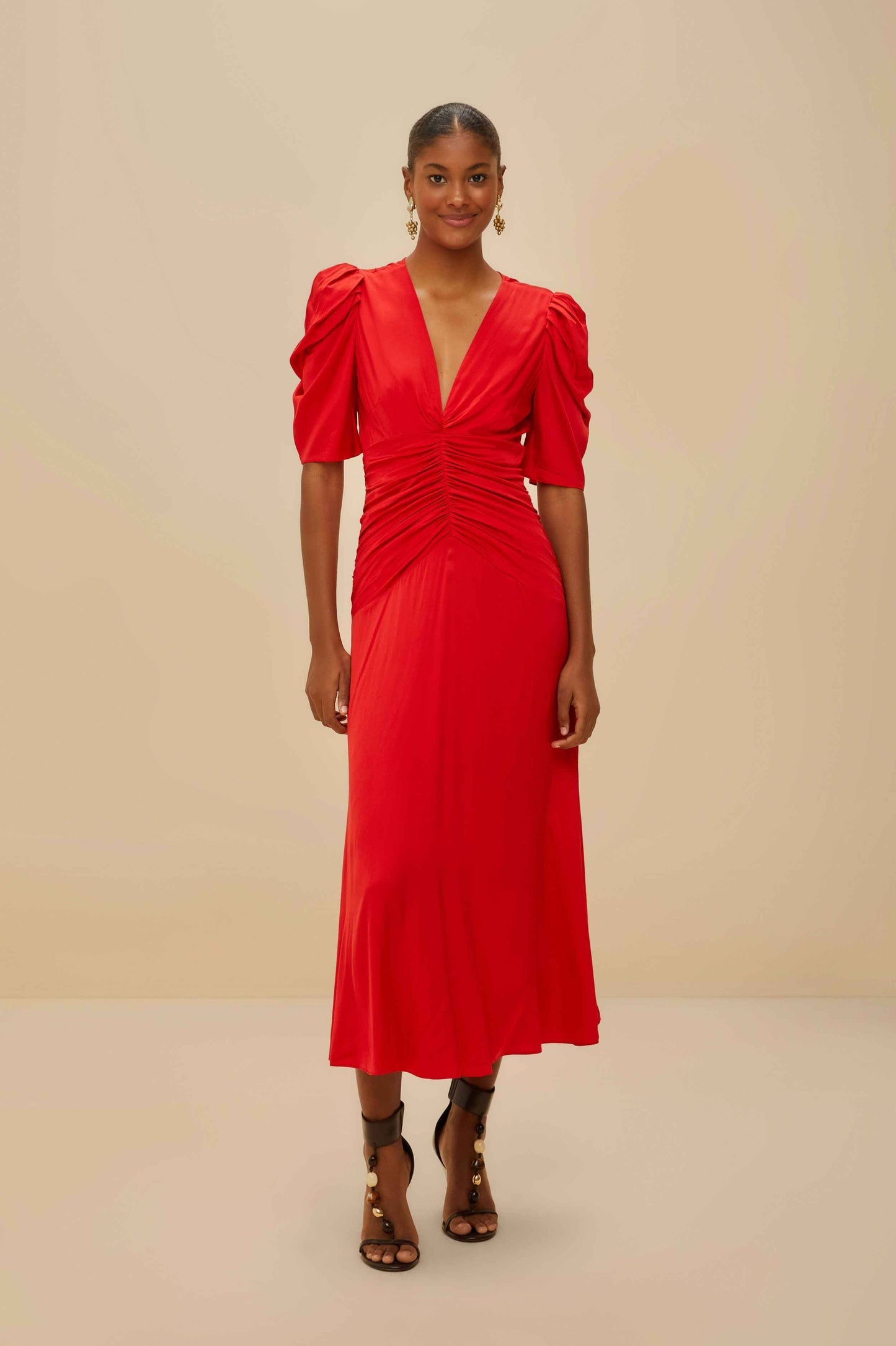 FARM Rio Red Gathered Midi Dress