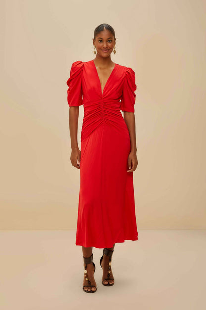 FARM Rio Red Gathered Midi Dress
