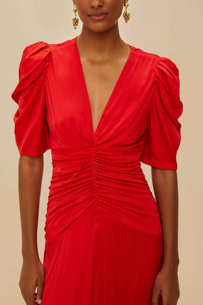 FARM Rio Red Gathered Midi Dress