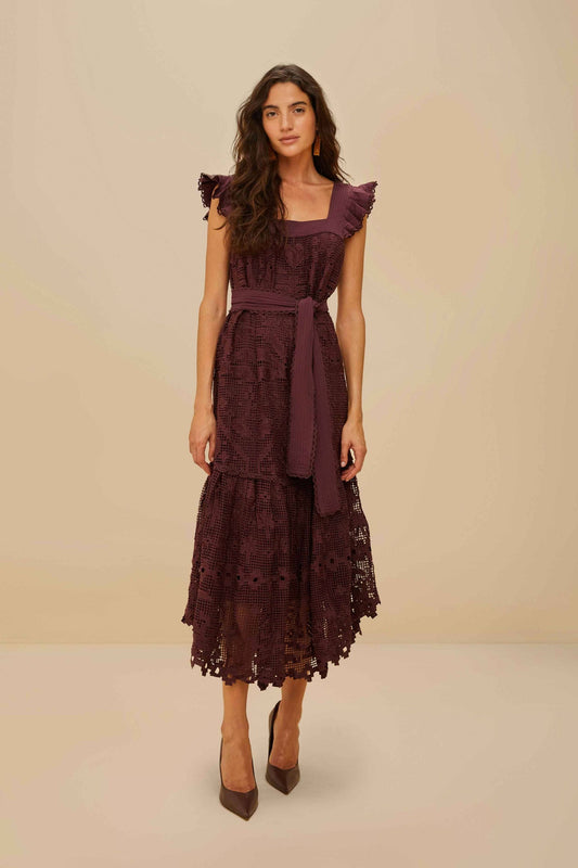FARM Rio Brown Pineapple Guipure Midi Dress