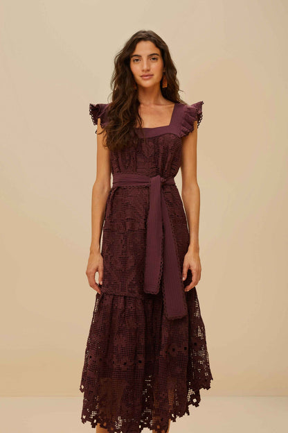 FARM Rio Brown Pineapple Guipure Midi Dress