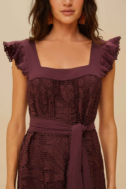 FARM Rio Brown Pineapple Guipure Midi Dress